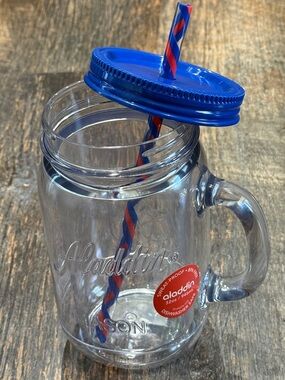 Aladdin Clear Mason-Style 32oz Jar with Blue Lid and Red-Blue Straw.